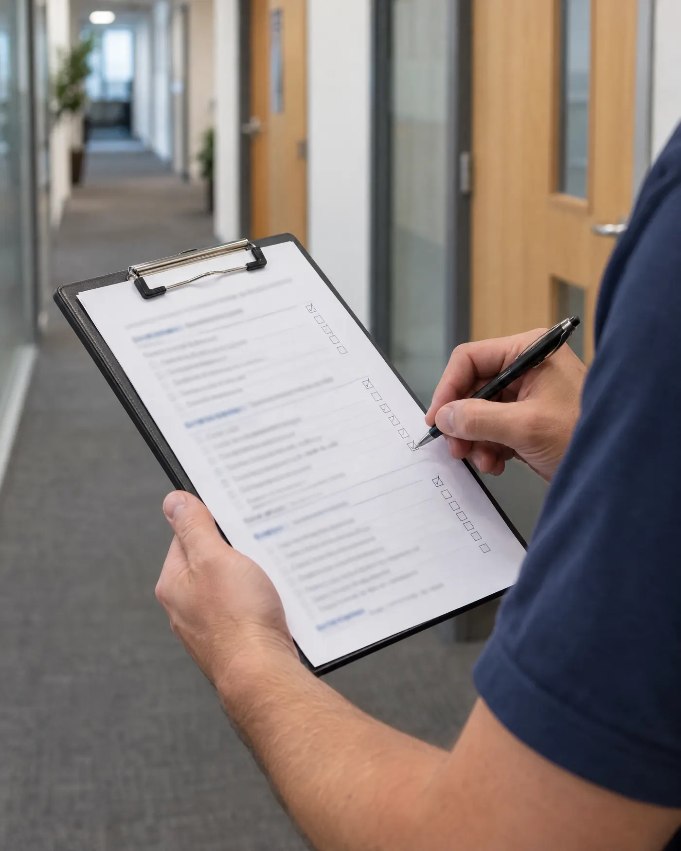 A supervisor ticking a printed inspection checklist on a clipboard