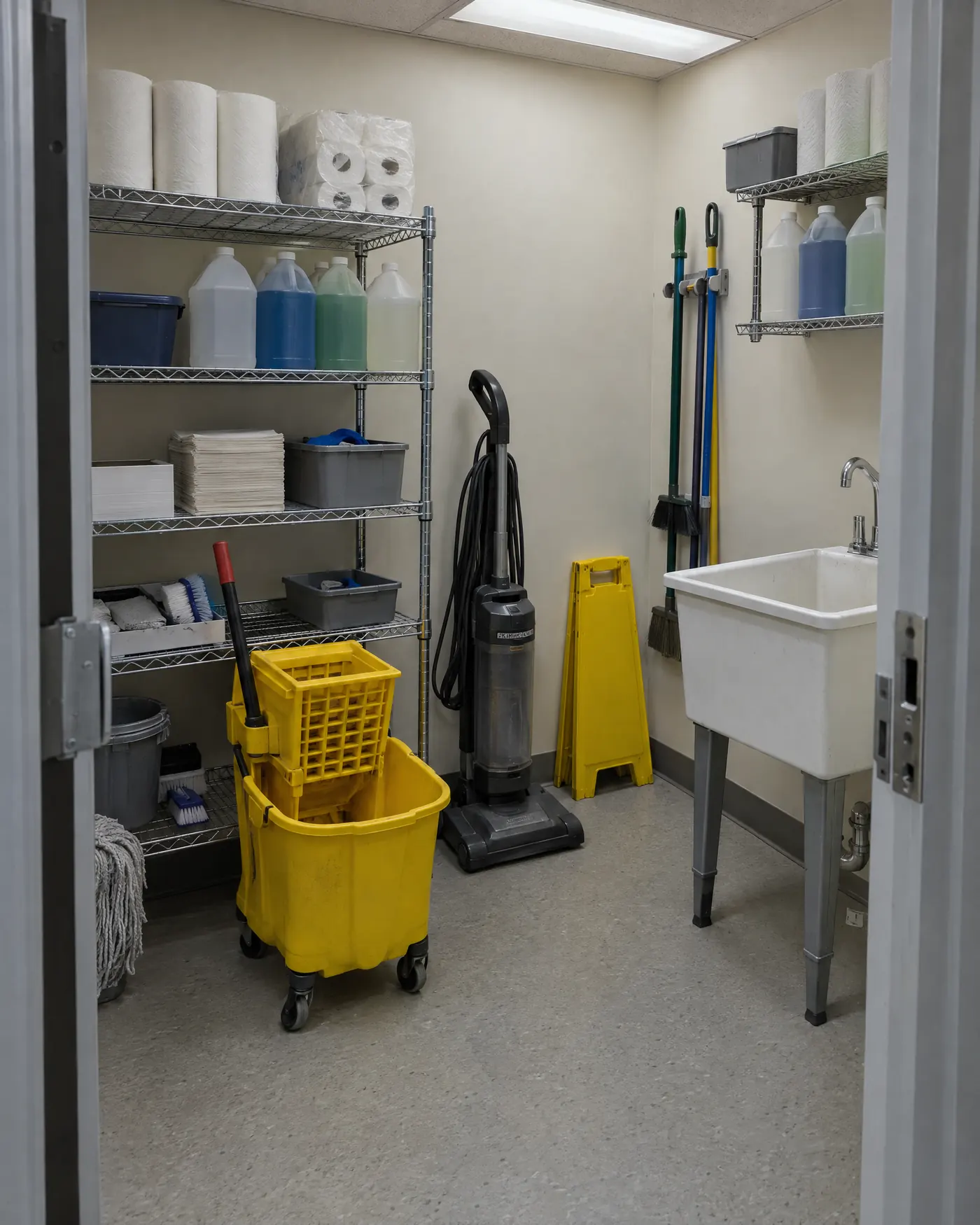 An organized janitor's closet with a mop bucket, an upright vacuum and supply shelving