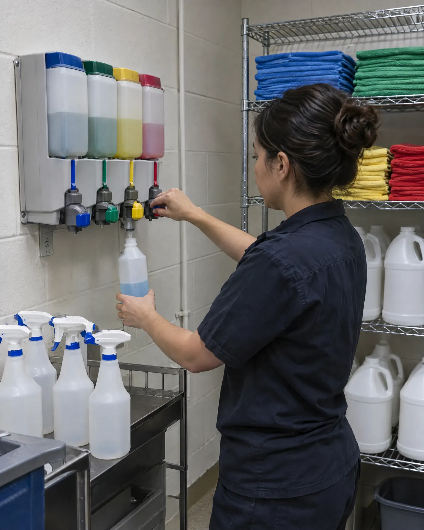 A cleaner filling refillable spray bottles at a wall-mounted dilution station beside color-coded microfiber cloths