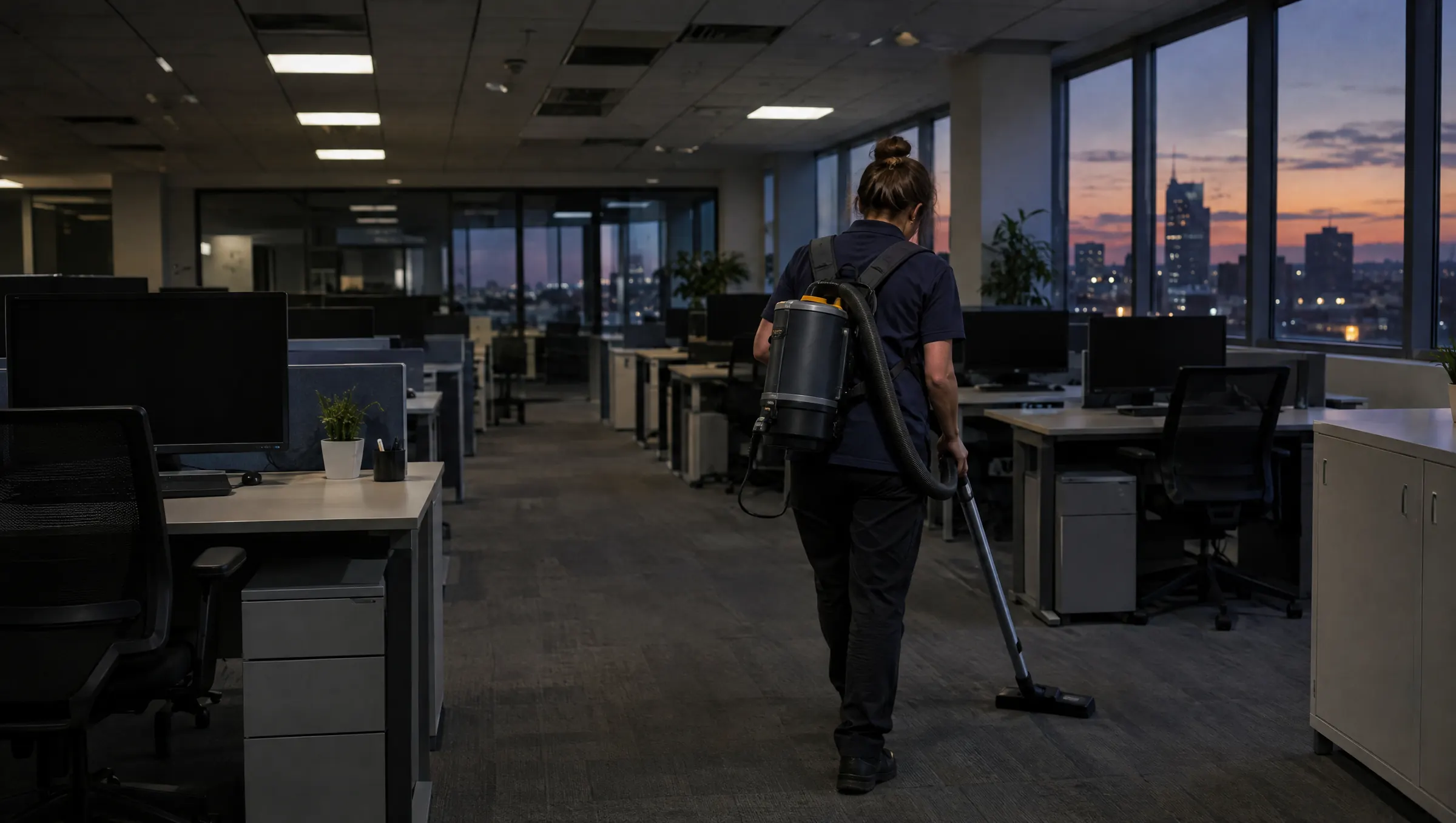 A cleaner vacuuming an open-plan office in the early evening with a backpack vacuum