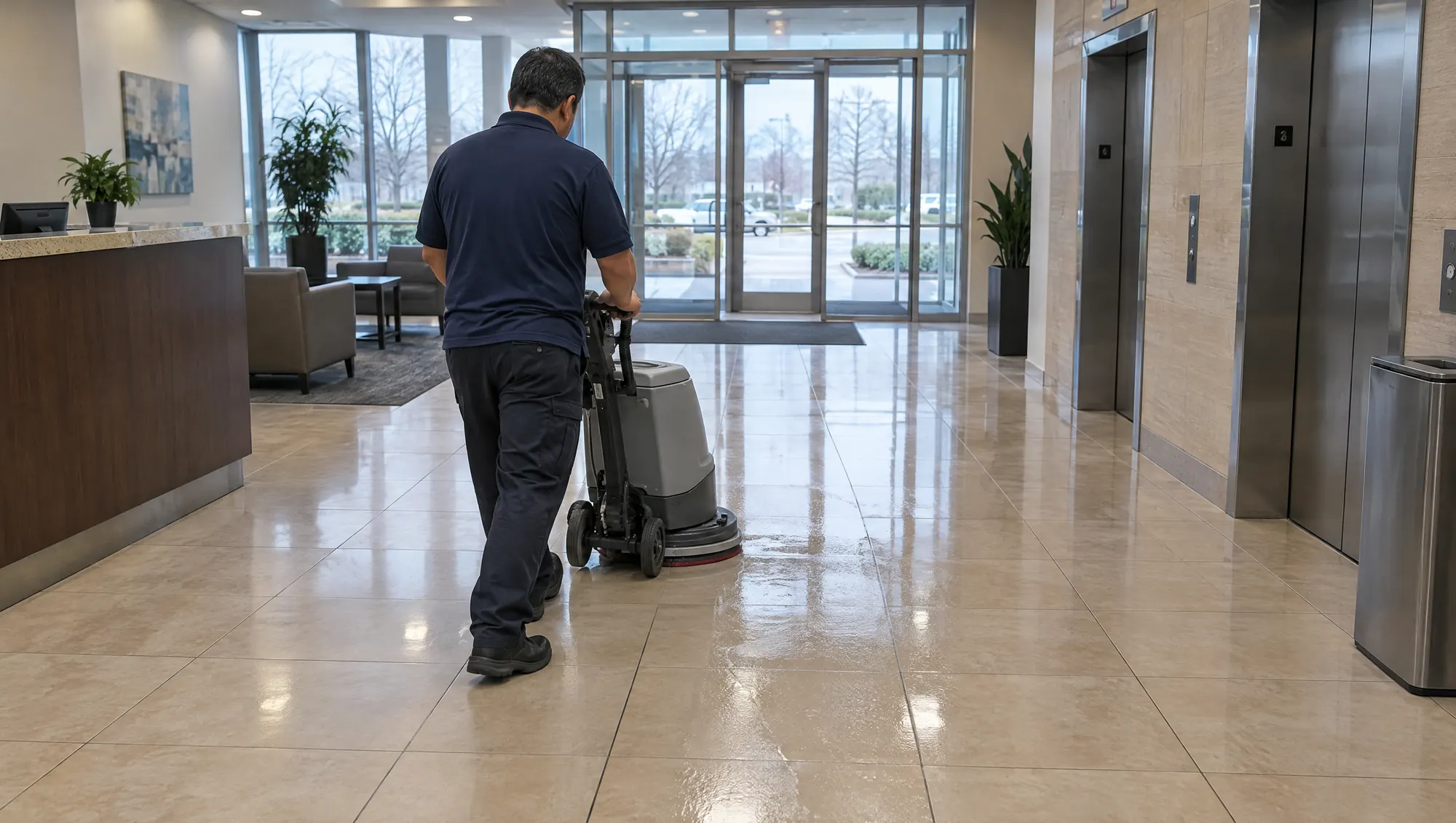 A worker running a floor scrubber across the lobby of an office building