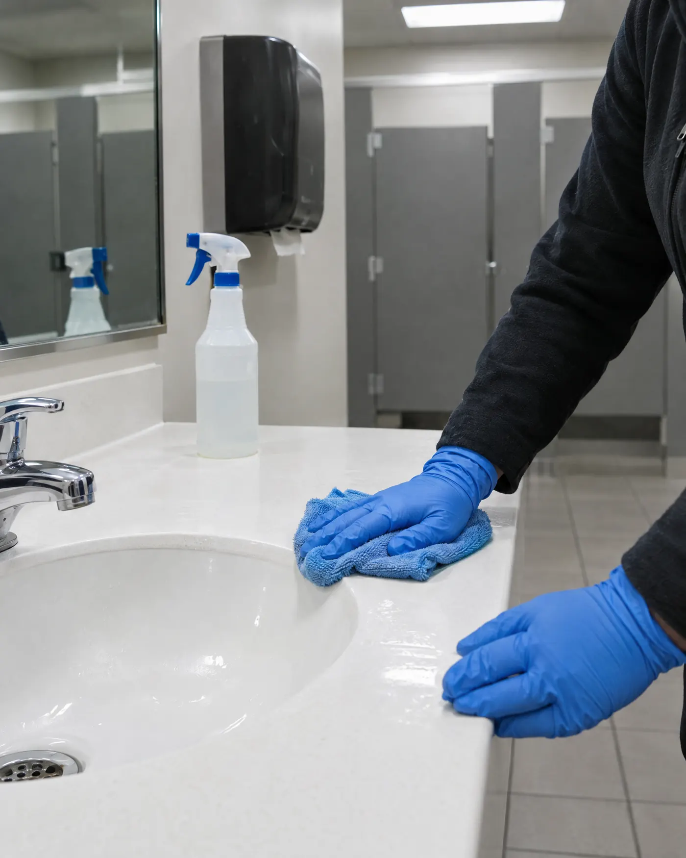 Gloved hands wiping an office restroom counter with a blue microfiber cloth