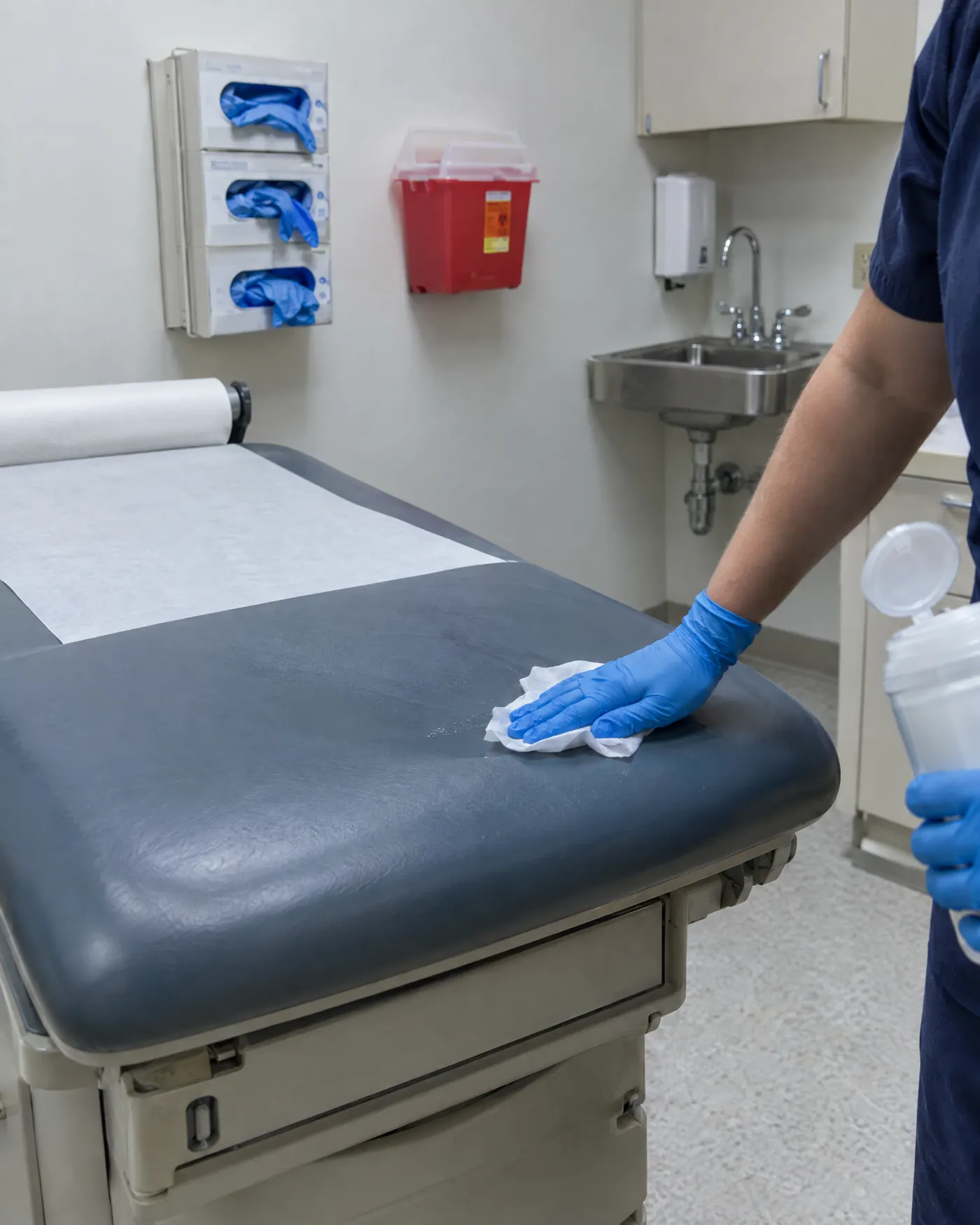 Gloved hands disinfecting the vinyl exam table in a clinic exam room