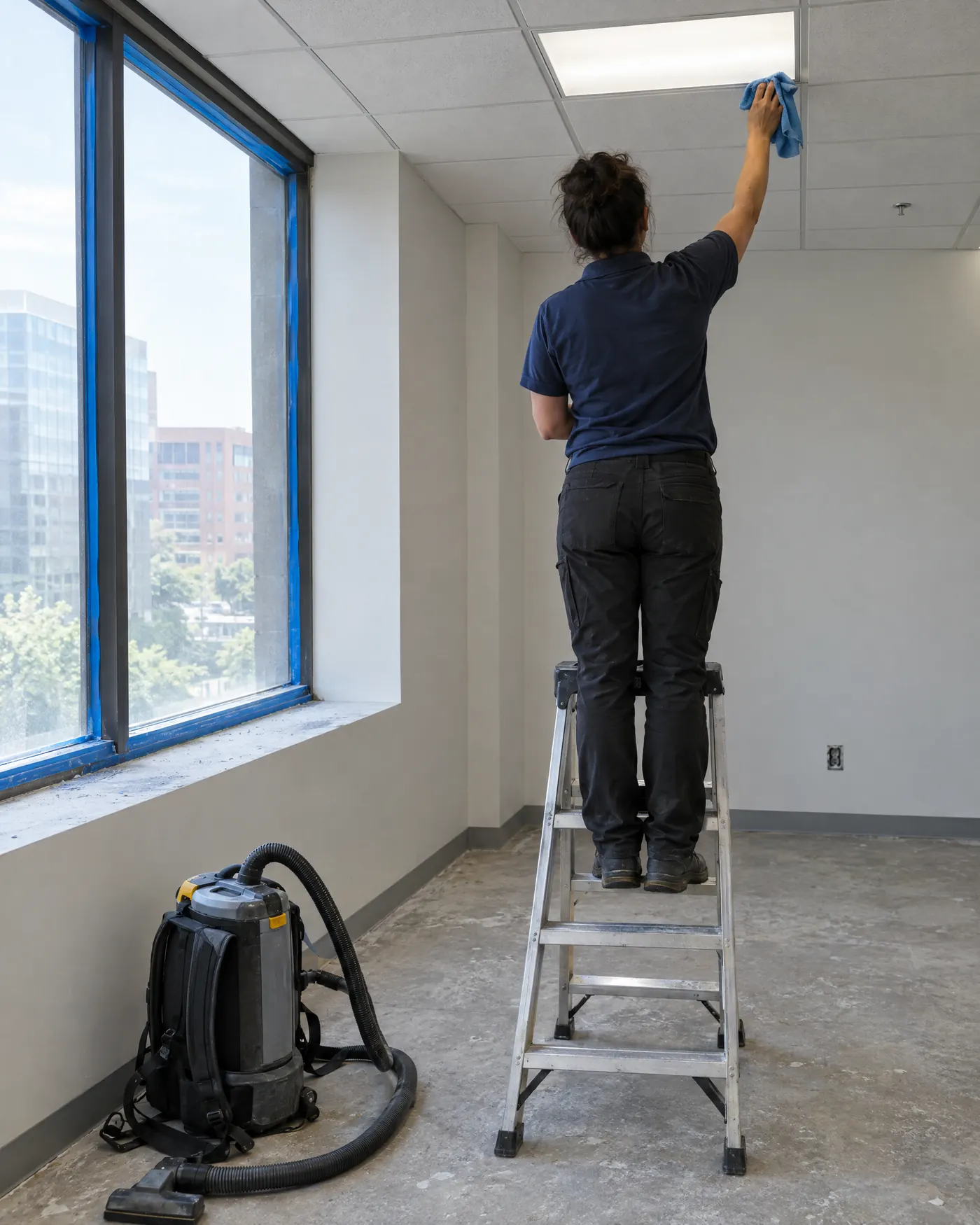 A cleaner on a step ladder wiping a light fixture in a freshly renovated office